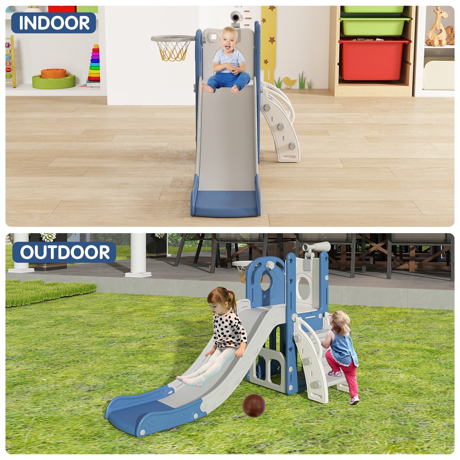 6 in 1 Toddler Playset Slide for Toddlers Age 1-3, Toddler Playground Blue