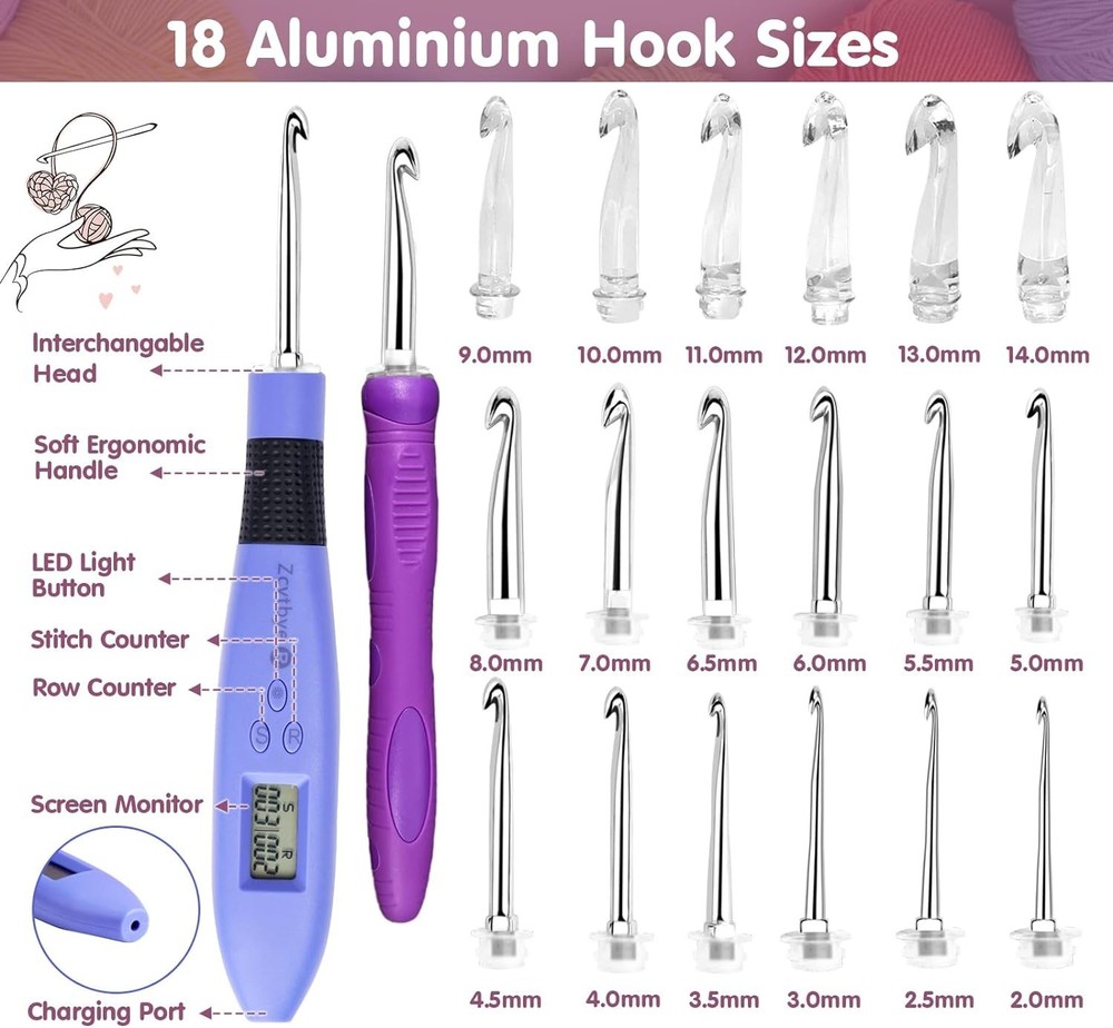 Crochet Hook with 18 Different Size, for Stitch & Row Counter, Light up Intercha