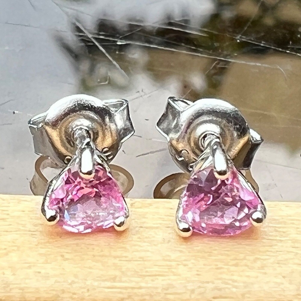 Tiny Lab Grown Pink Sapphire Heart Stud Earrings Solid Sterling Silver 925
