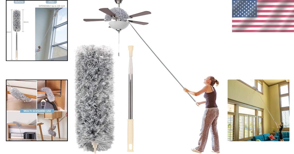 Versatile Bendable Microfiber Duster with 30-100'' Extension Pole for Home Use