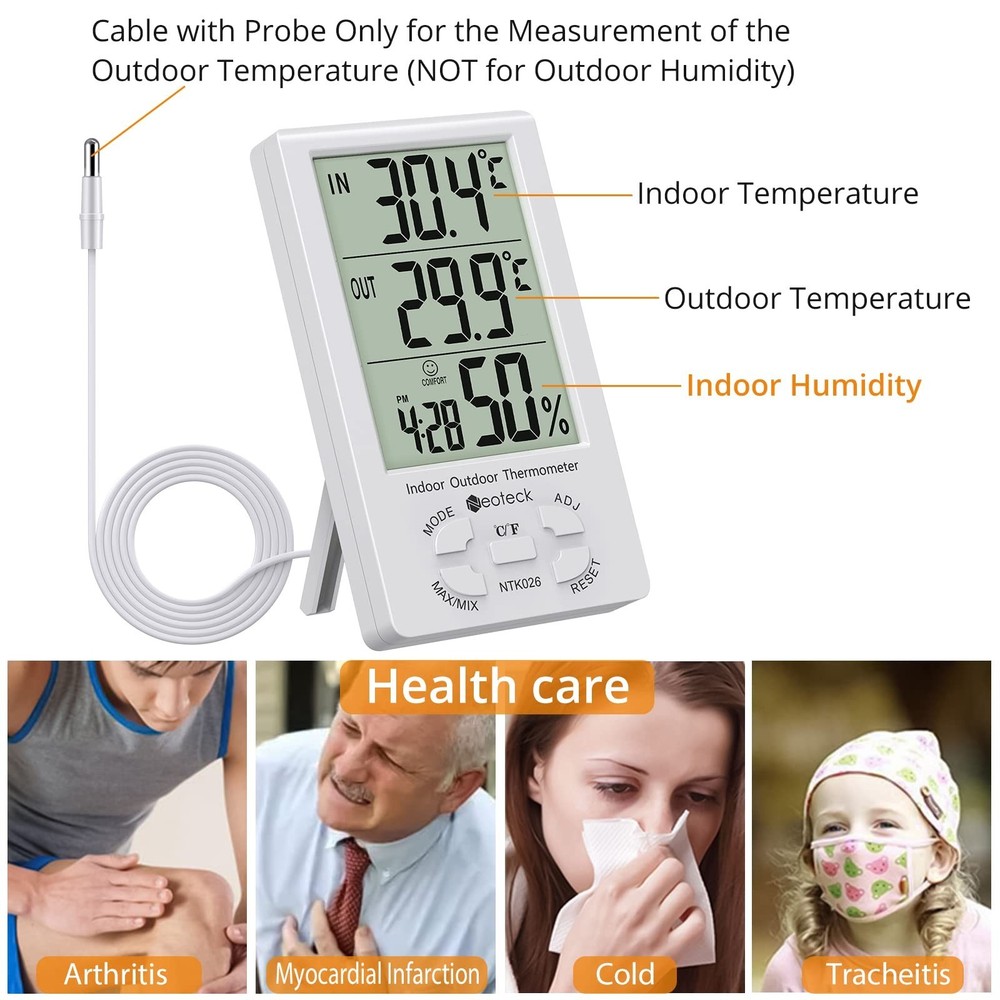 Neoteck 3 in 1 Thermometer Hygrometer with Clock Large LCD Display, Digital H...