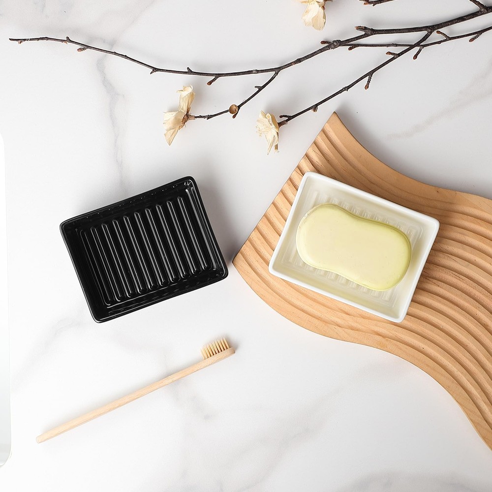 White Rectangle Soap Dish - Modern Ceramic Hand Soap Holder Non-Slip Bar Soap...