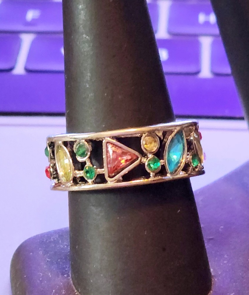 MULTI-COLORED MULTI-STONE SILVER OPEN WORK RING CIGAR BAND SILVER TONE