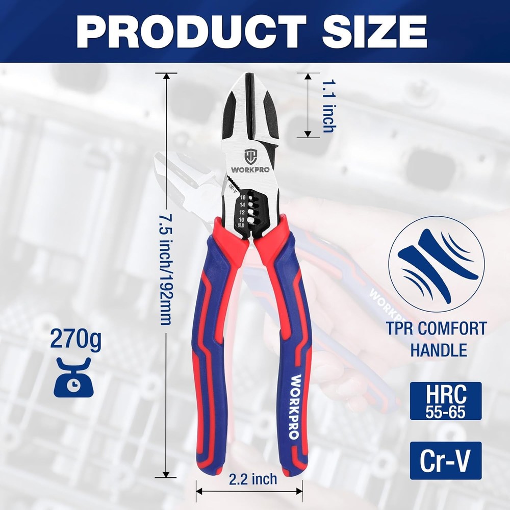 WORKPRO Diagonal Cutting Plier 7.5" Wire Stripper Heavy Duty Side-Cutting Pliers