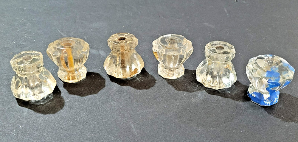 6 Clear Glass 10 Sided Drawer Pull Knobs Vintage 1-1/8" tall