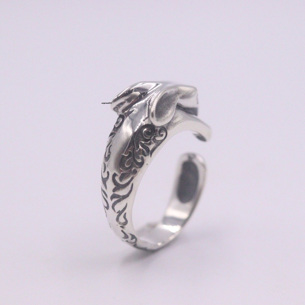 Real Solid 925 Sterling Silver Band Women Lucky Pattern Rabbit Open Ring
