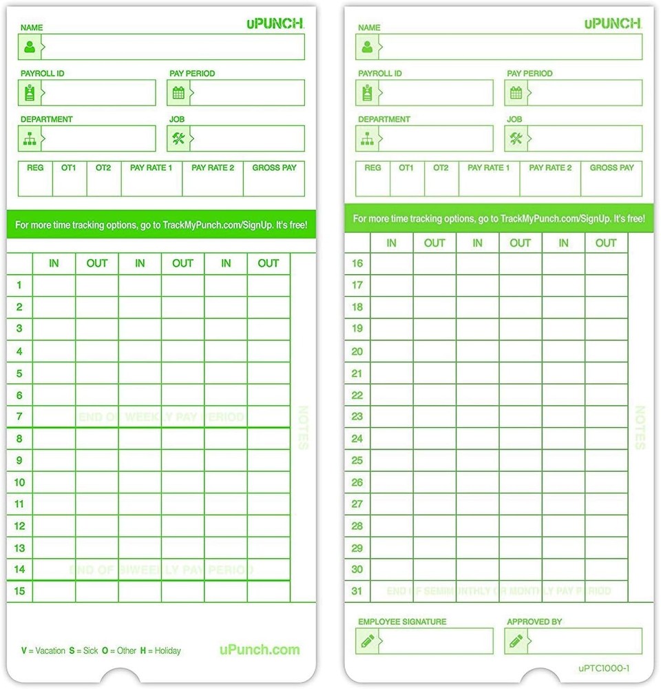 100 uPunch Time Cards for HN3000