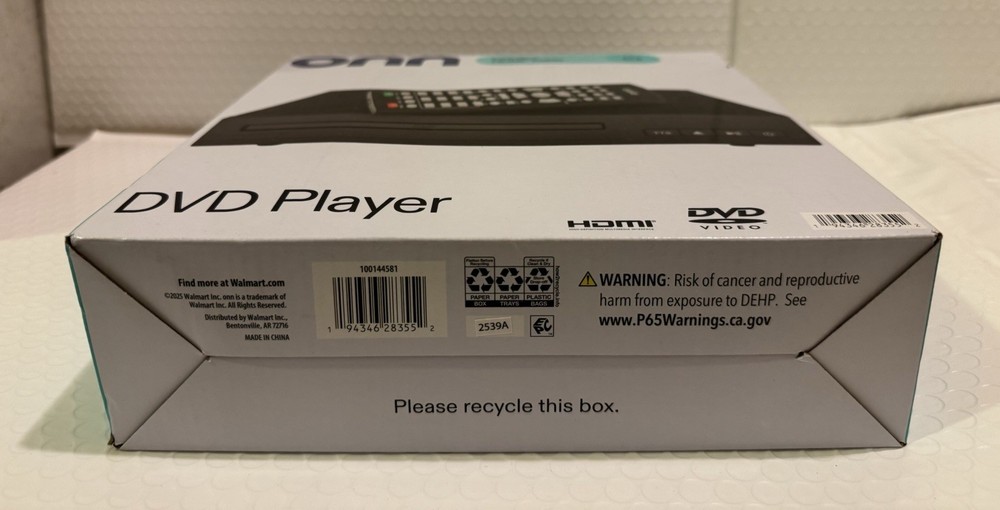 Onn DVD Player w/HDMI Cable, Remote Control, New In Open Box,