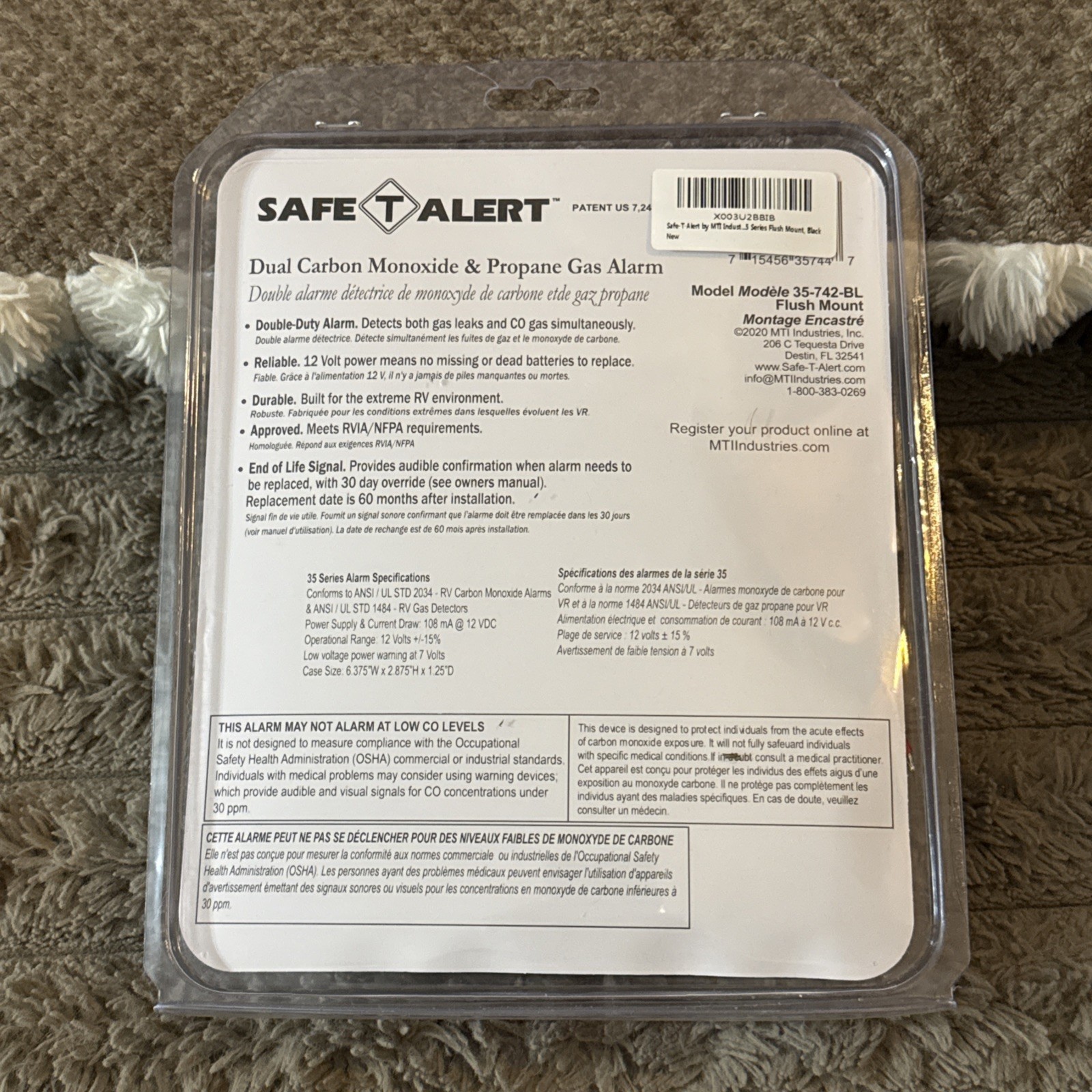 Safe T Alert 35-742-BL Dual LP/CO Alarm – Flush Mount Black RV Detector