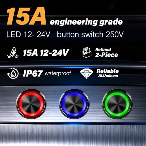 15Amp Push Button Switch，(0.866") 12V-24V Latching Push Button Switch 22mm Red