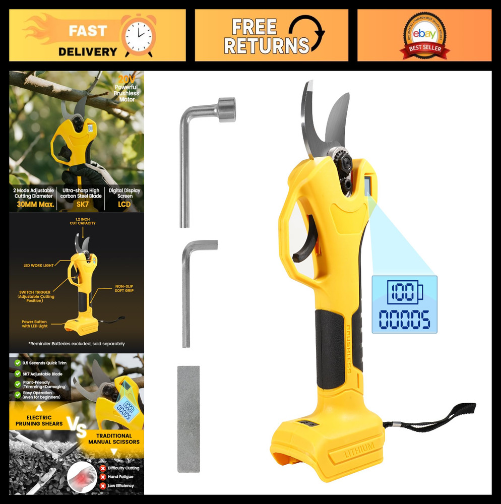 Cordless Brushless Electric Pruning Shears, 20V Compatible, LCD Display, Adjusta