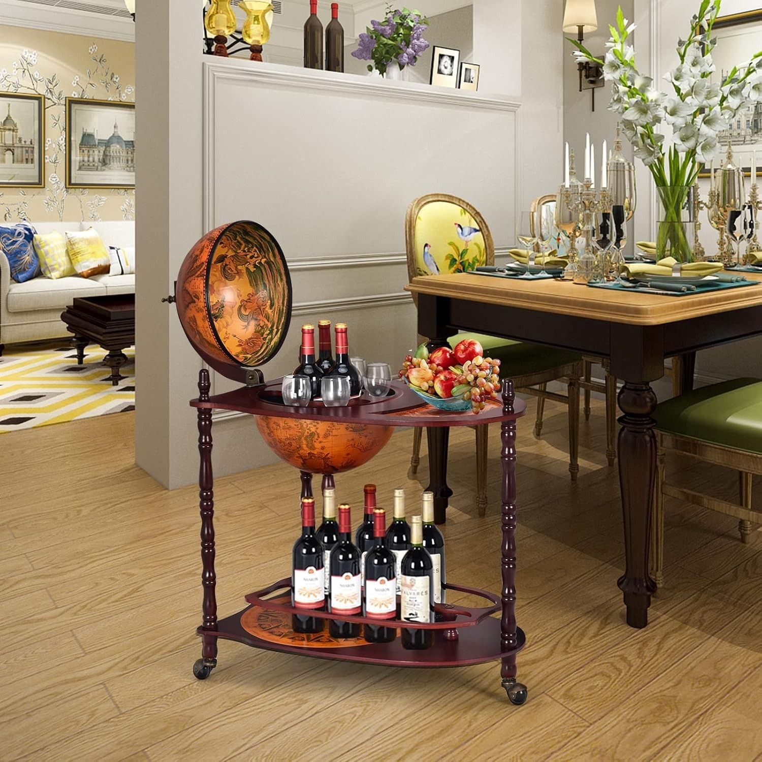 Globe Bar, 34.5” Globe Bar Liquor Cabinet with Wheels, Bottom Shelf, Old Worl...