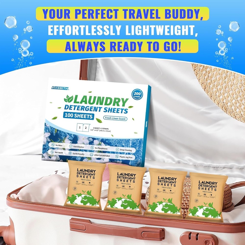 FIXSMITH Laundry Detergent Sheets - 200 Loads (100 Sheets) Fresh Linen Scent