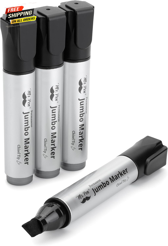 Jumbo Permanent Markers, 4 Pack, Chisel Tip, Black, Thick, Large, Wide Tip 👌