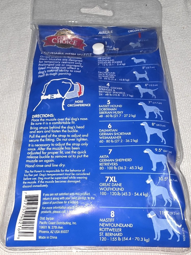 Great Choice Adjustable Mesh Dog Muzzle Size 7 80-800lb New