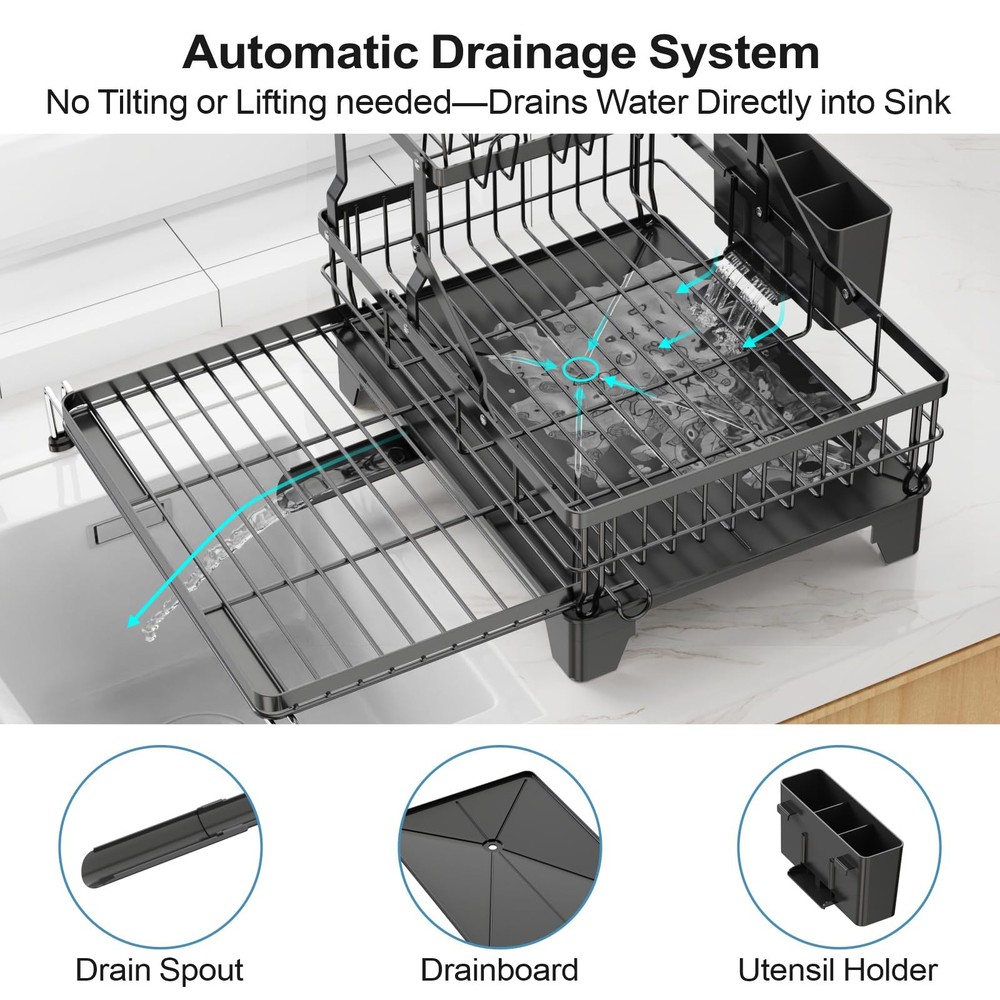 Large Dish Drying Rack 2 Tier, Expandable Kitchen Dish Drainer for Pots and P...