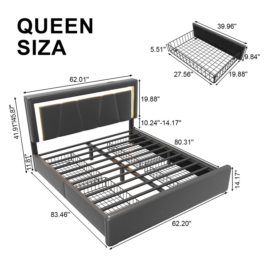 Full/Queen Bed Frame with 4 Storage Drawers and LED Lights