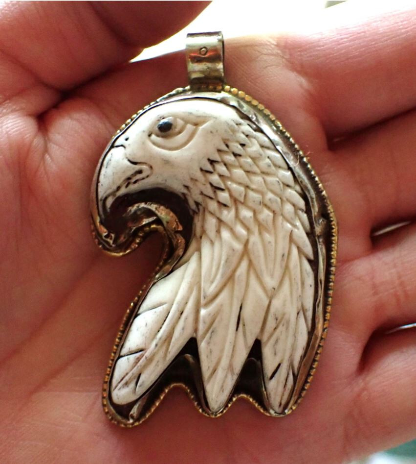 Carved Eagle Hawk cattle Bovine Bone Pendant