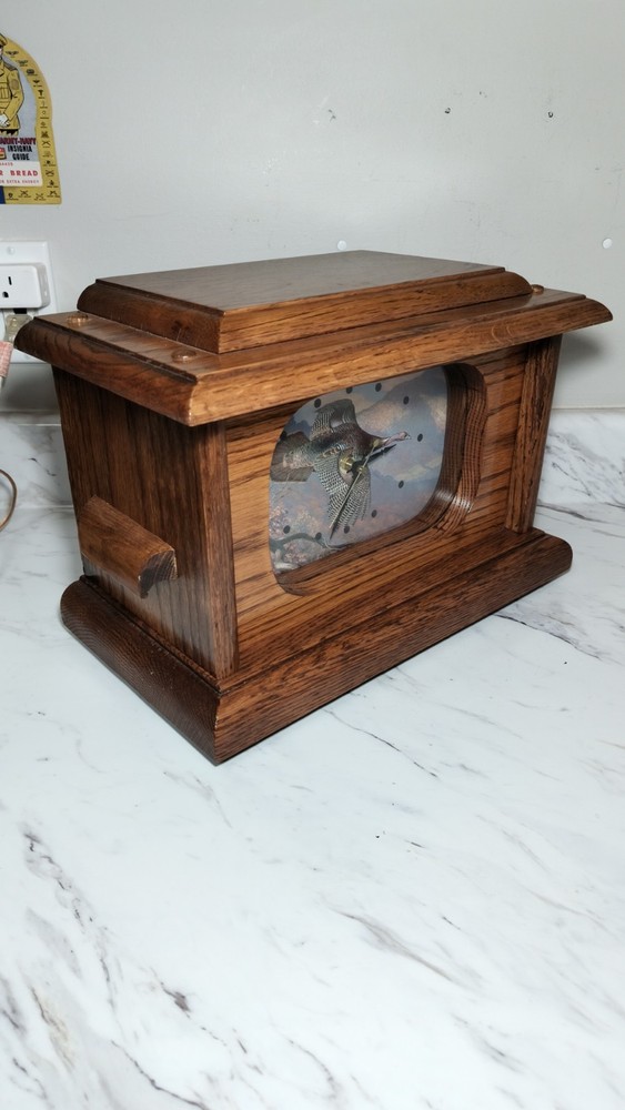 NWTF TURKEY CLOCK HIDDEN WHISKEY COMPARTMENT, SOLID OAK ROYAL DOMAIN SERIES #76