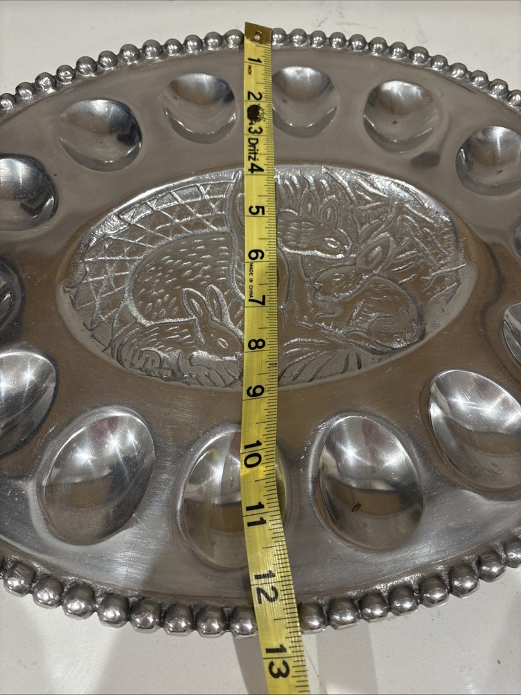 Oval Rabbit Deviled Egg Silver Tone Metal Platter Tray Beaded Trim