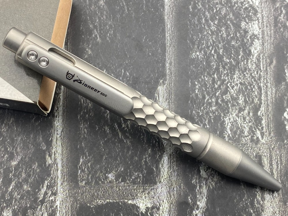 TS-Gray Checkered Tactical Titanium Body Push Button Mechanism Pen