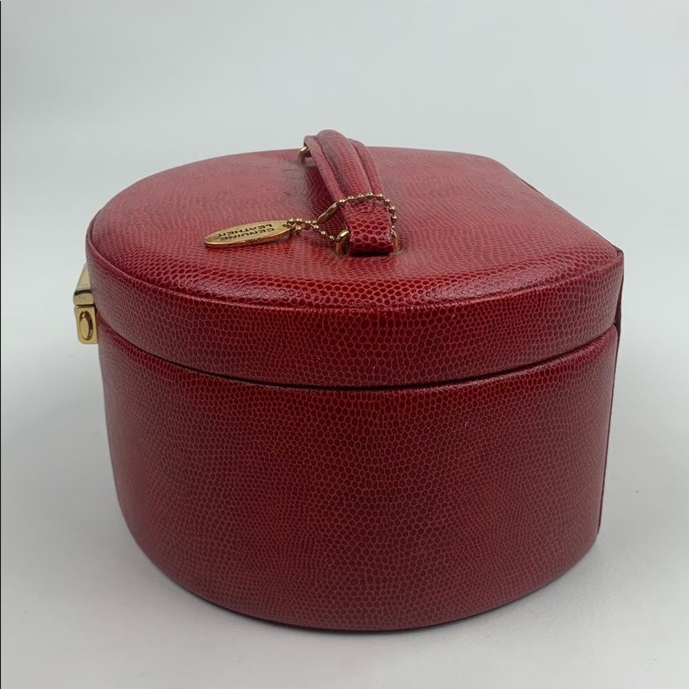Wolf Designs Red Leather Jewelry Case Top Handle Gold charm Pockets Extra case