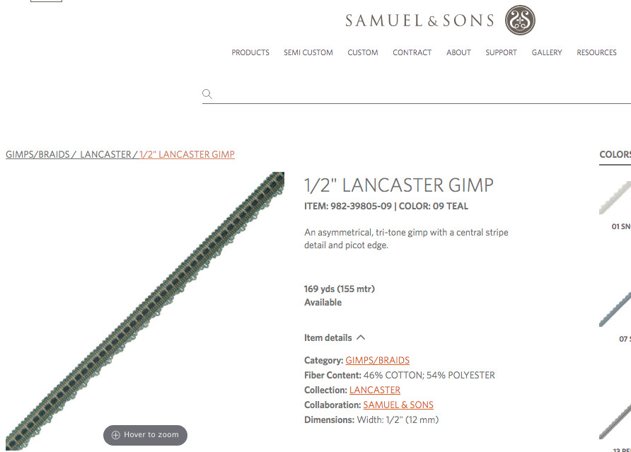 6.56 yds (4pcs=236") Samuel & Sons LANCASTER GIMP Red (Dark Red) 1/2"wide Trim