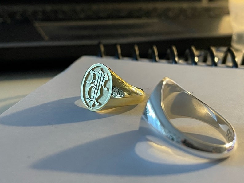 Custom Monogram Ring Gold Plated Initial Signet Ring Personalized Gift Men Women