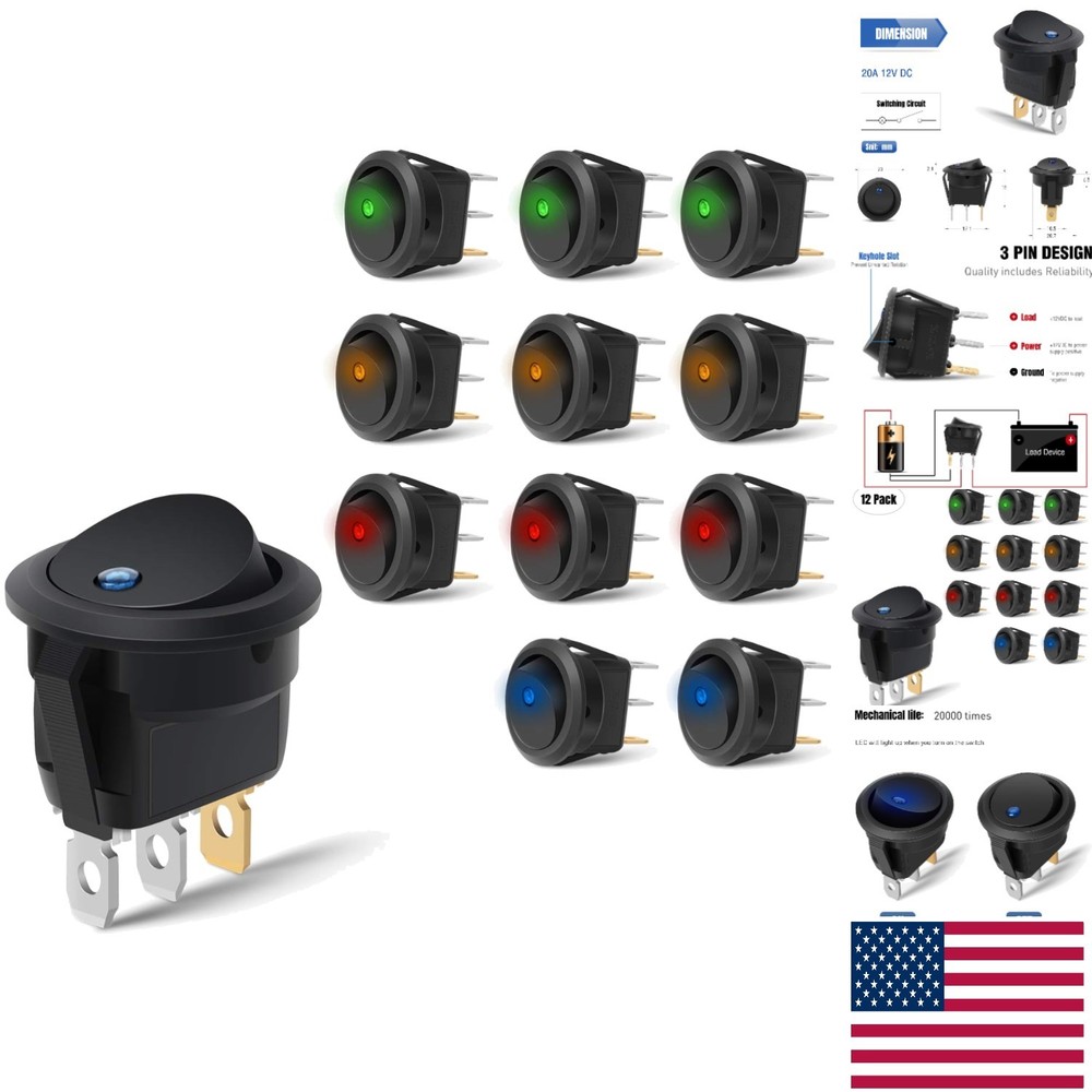 20A 12V Round Toggle LED Switches - 12PCS Panel Mount Rocker Control Assortment