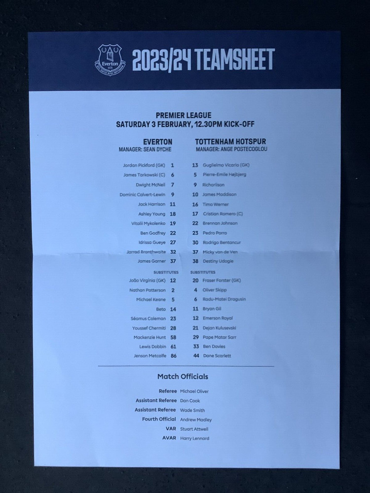 2023/24 Everton v Tottenham teamsheet
