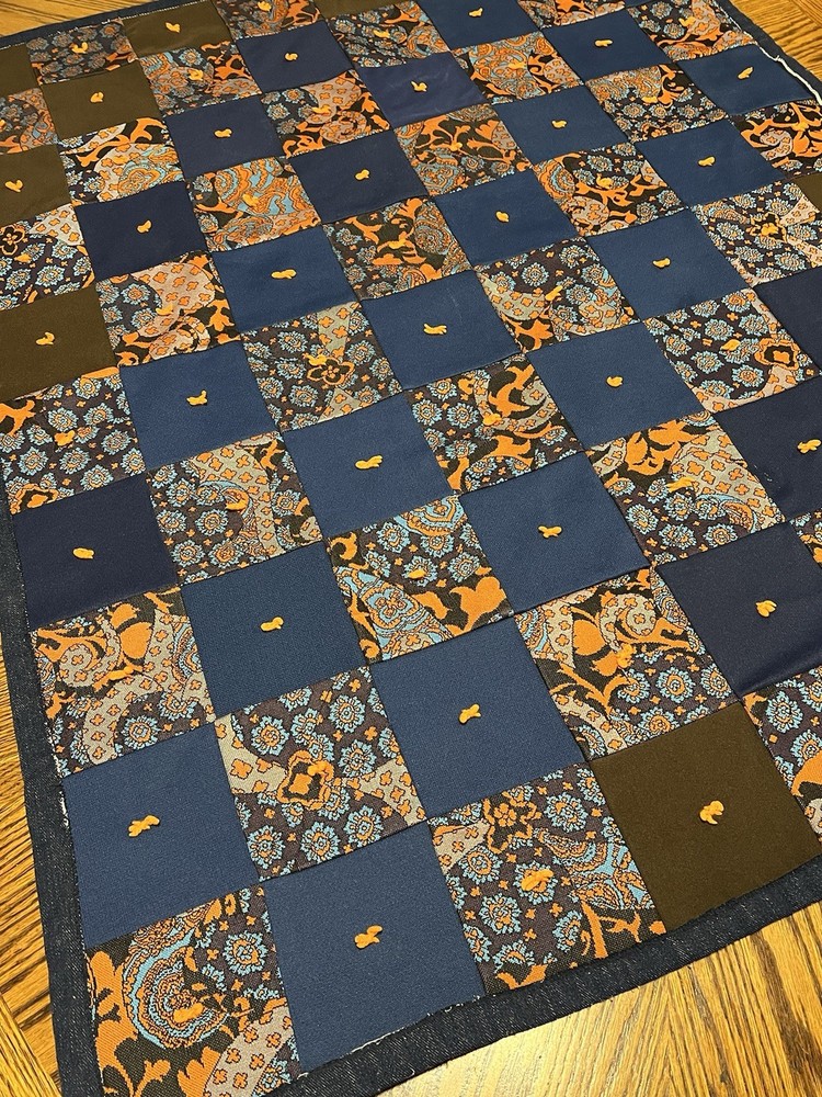 Vintage Patchwork Quilt 36x46 RETRO Blue Orange Brown Polyester Squares *READ
