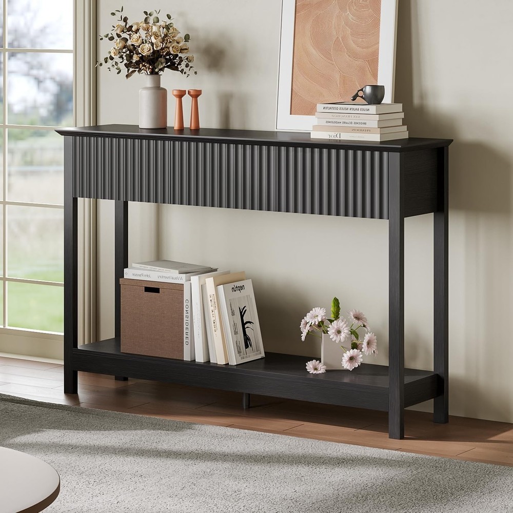 47" Fluted Console Table W/ 3 Drawers Narrow Long Entryway Table W/ Storage &