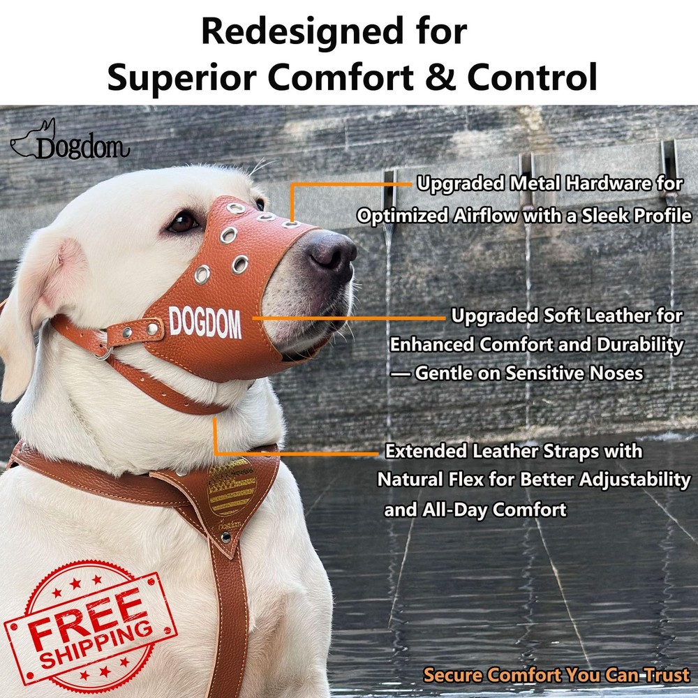 Dogdom Red Leather Dog Muzzle M Adjustable Breathable Training Chew Prevent