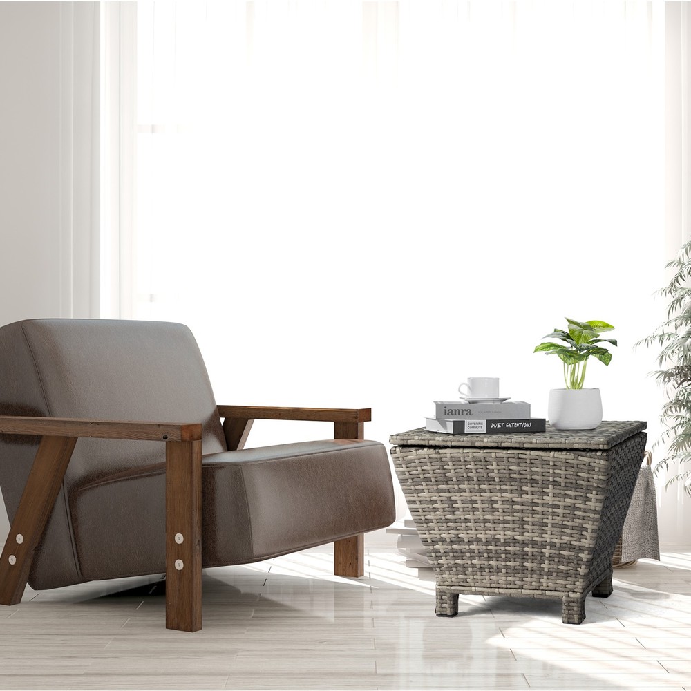 Outdoor PE Wicker Side Table with Storage, Small Patio Storage Bin Container