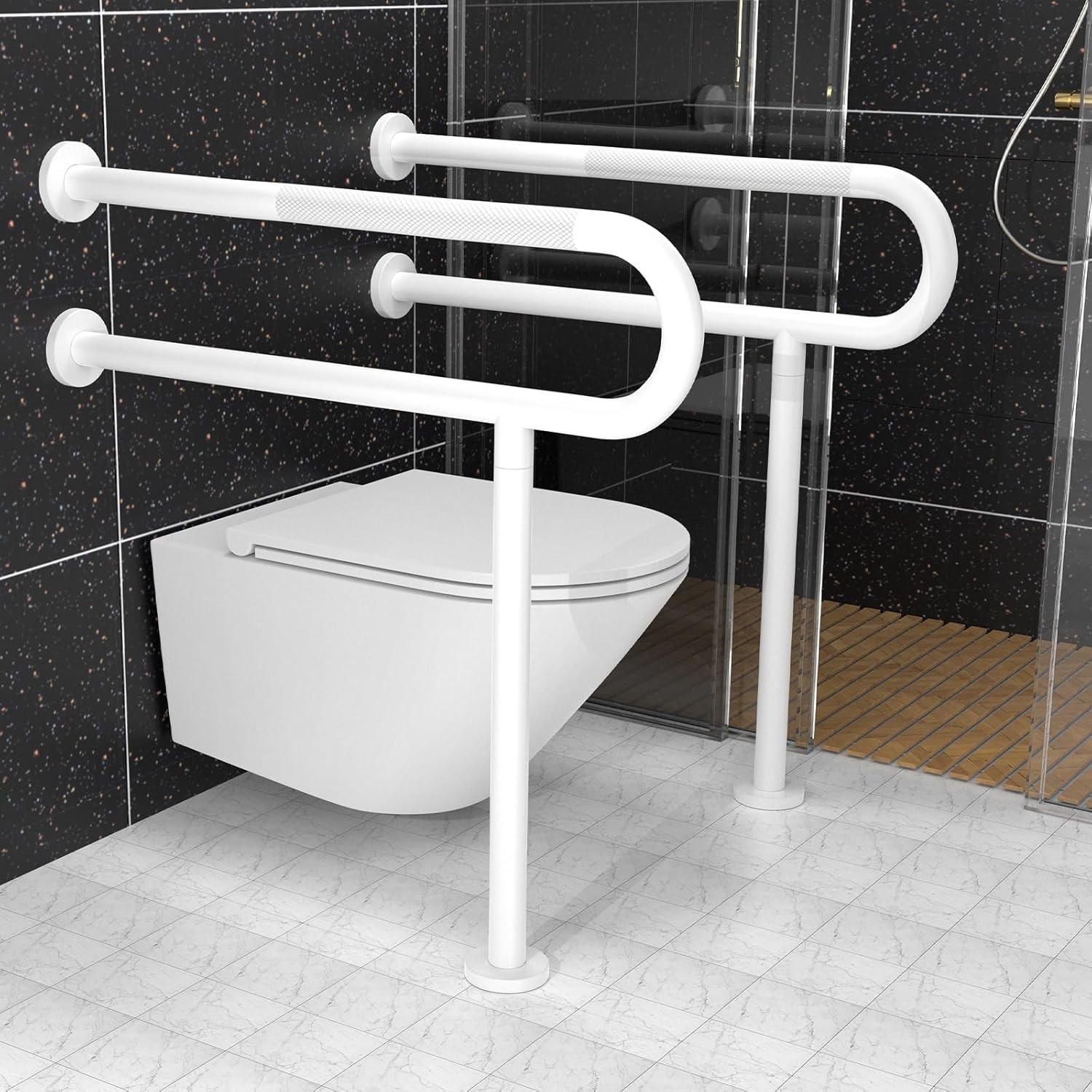 White Toilet Support Rail 31.3X 31.5 Inch, Anti-Slip Floor to Handicap