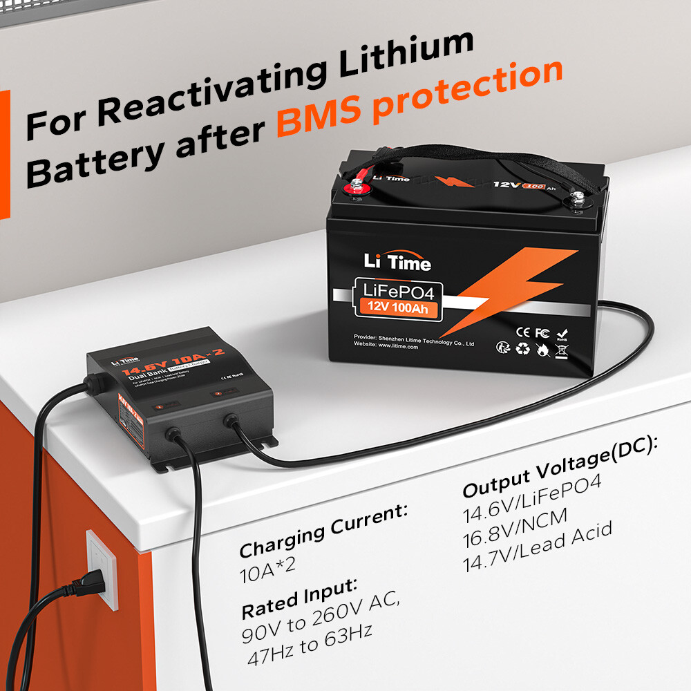 LiTime 2 Bank 12V(14.6V) 10A Smart Battery Charger for LiFePO4 Lithium Lead Acid