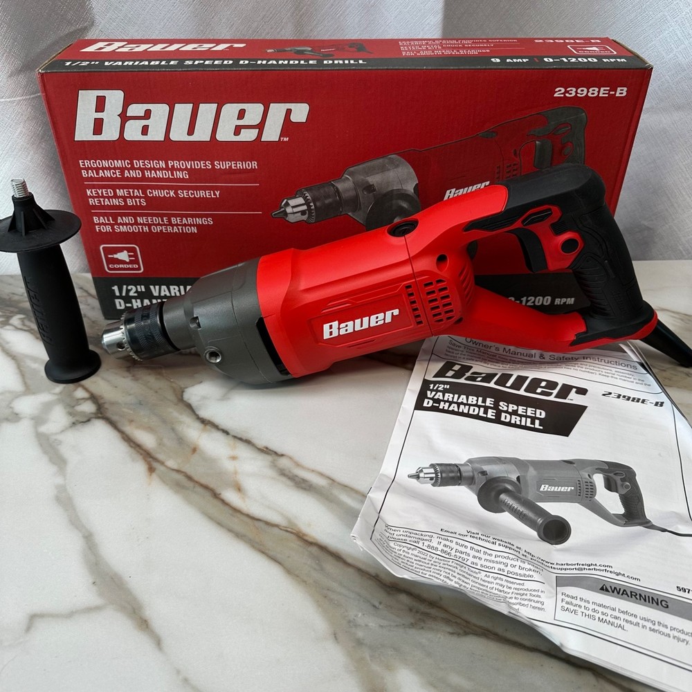 Bauer 9 amp 1/2” Variable Speed D-Handle Drill 2398E-B NIB