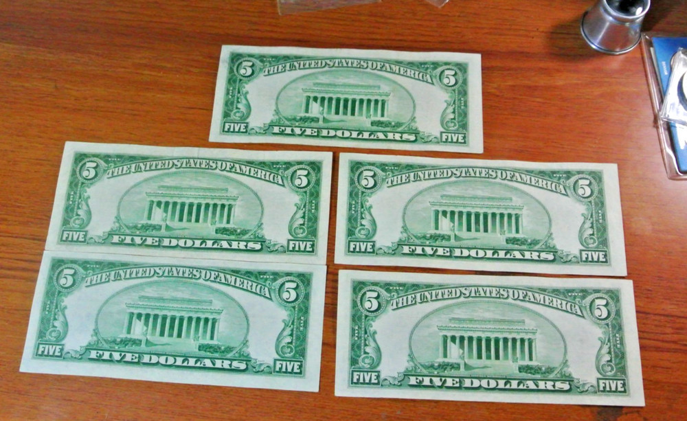 FIVE 1953 $5 US Silver Certificate Higher Grade Uncertified