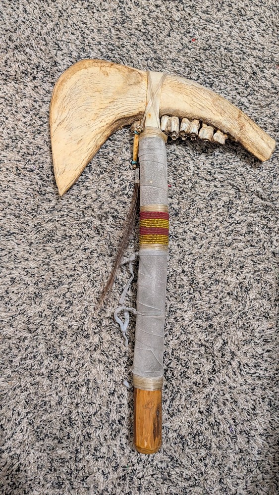 Handmade Decorative Tomahawk – Buffalo Jaw Bone Head, Beadwork & Wrapped Handle