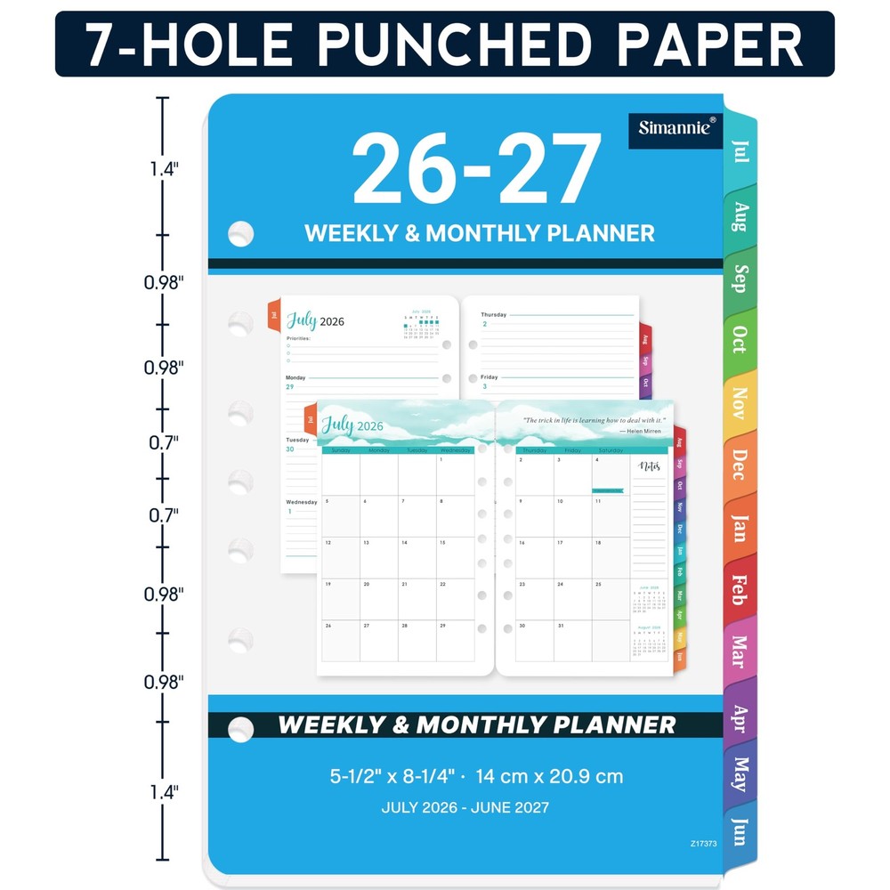 2026-2027 Planner Refills - A5 Inserts with 7-Hole Punched, A5, Blue