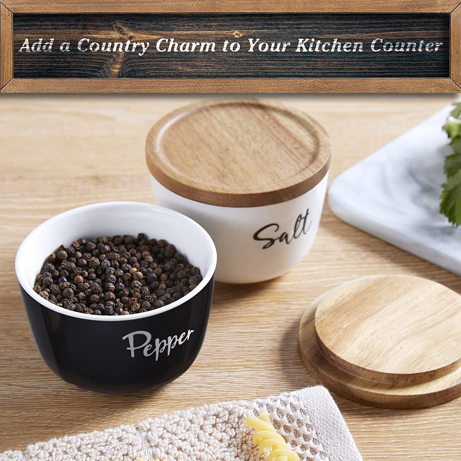 Salt and Pepper Bowls 10 Oz Salt Cellar with Wood Lid New Ceramic Set of 2 Bowls