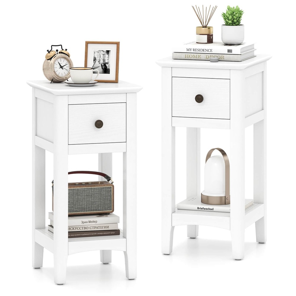 2PCS Nightstand 3-Tier Bedside Table w/ Open Storage Shelf & Narrow Side Table