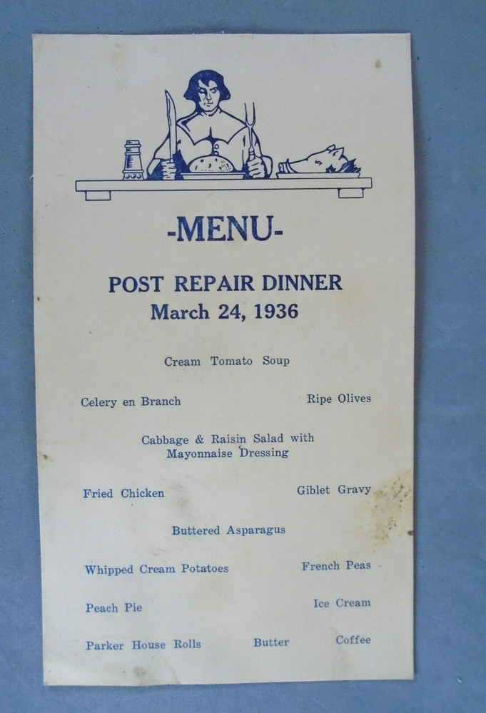 Menu Post Repair Dinner march 24, 1936