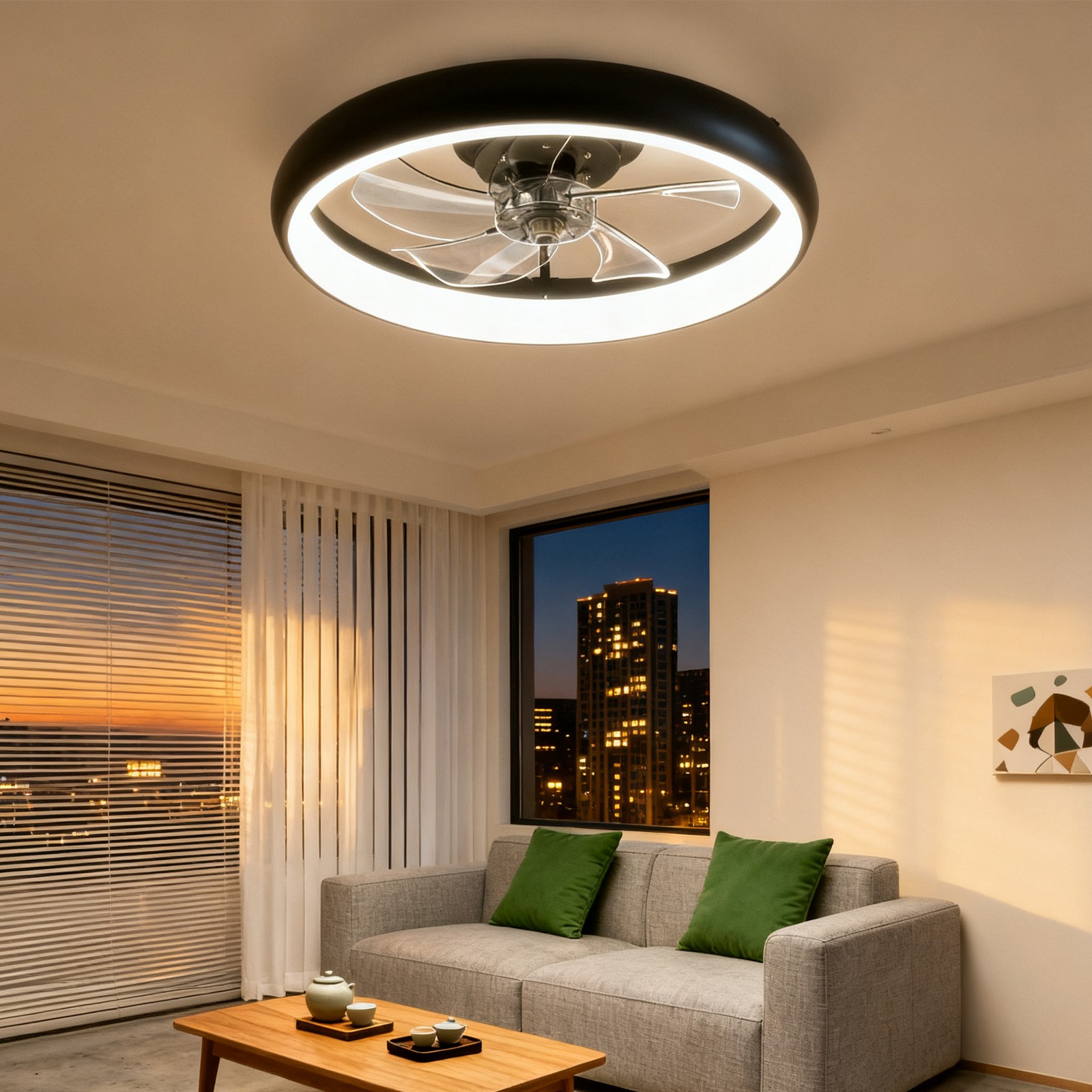 Black LED Modern 22 inch Ceiling Fan Light Flush Mount w APP Remote Control Kit