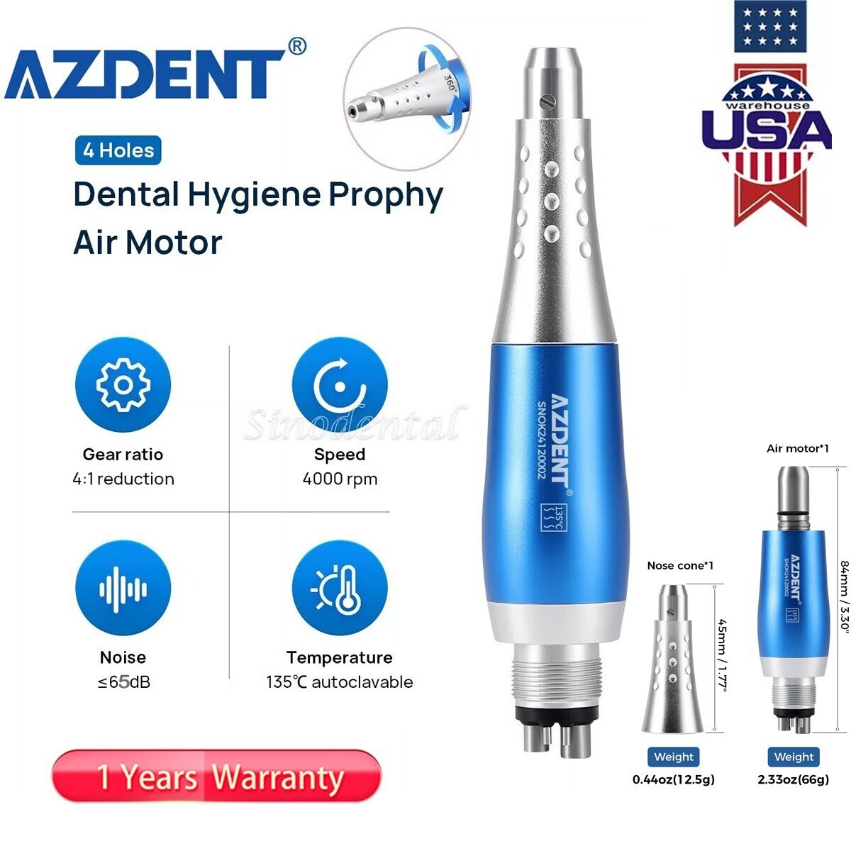 Premium Style Dental Hygiene Prophy Handpiece Air Motor 4 Holes & 4:1 Nose cone