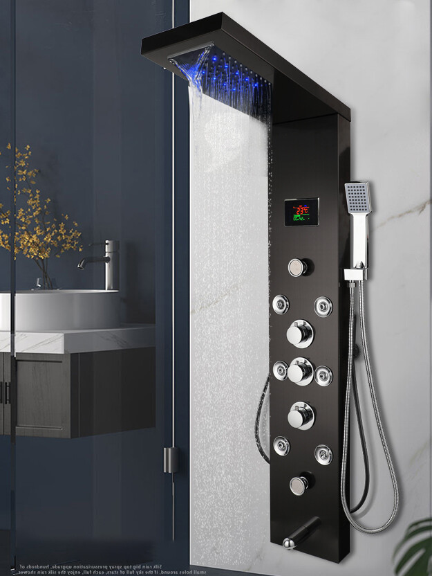 Bathroom Brushed Black ELD Massage Jets Shower Panel Digital Column Faucet Set