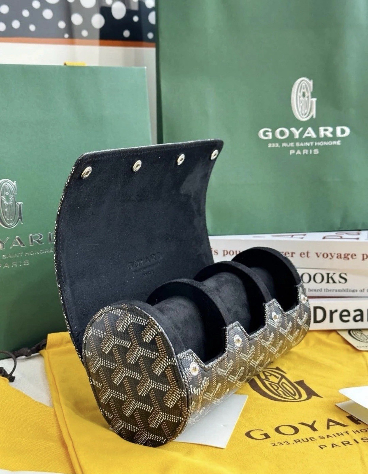 Goyard Travel Watch Case 3 Holder Black Leather