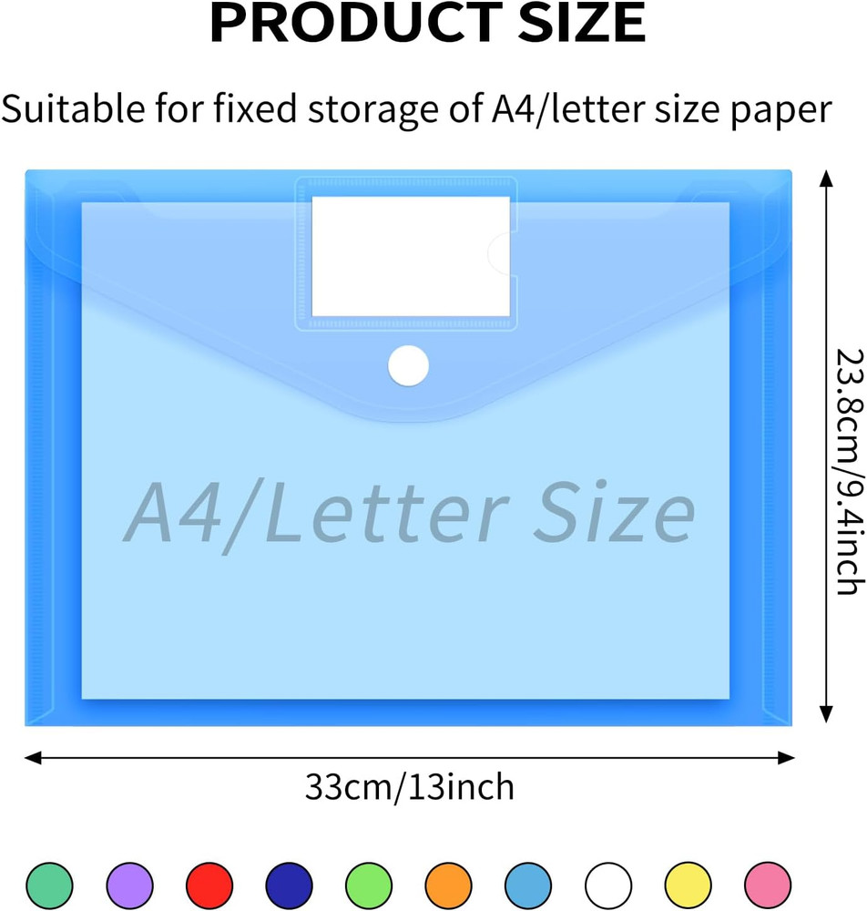 30 Pack 10 Color Plastic Envelopes Poly Envelopes, Hook & Loop Closure File Fold