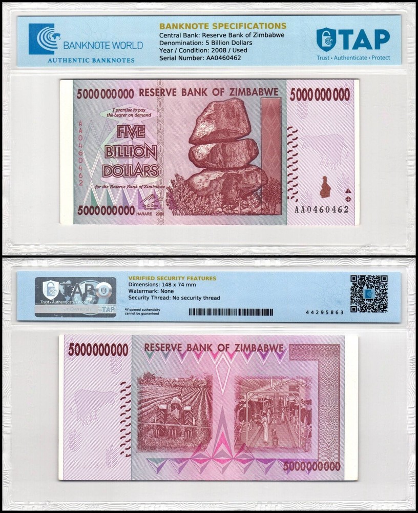 Zimbabwe 5 Billion Dollars, 2008, P-84, Used, TAP Authenticated