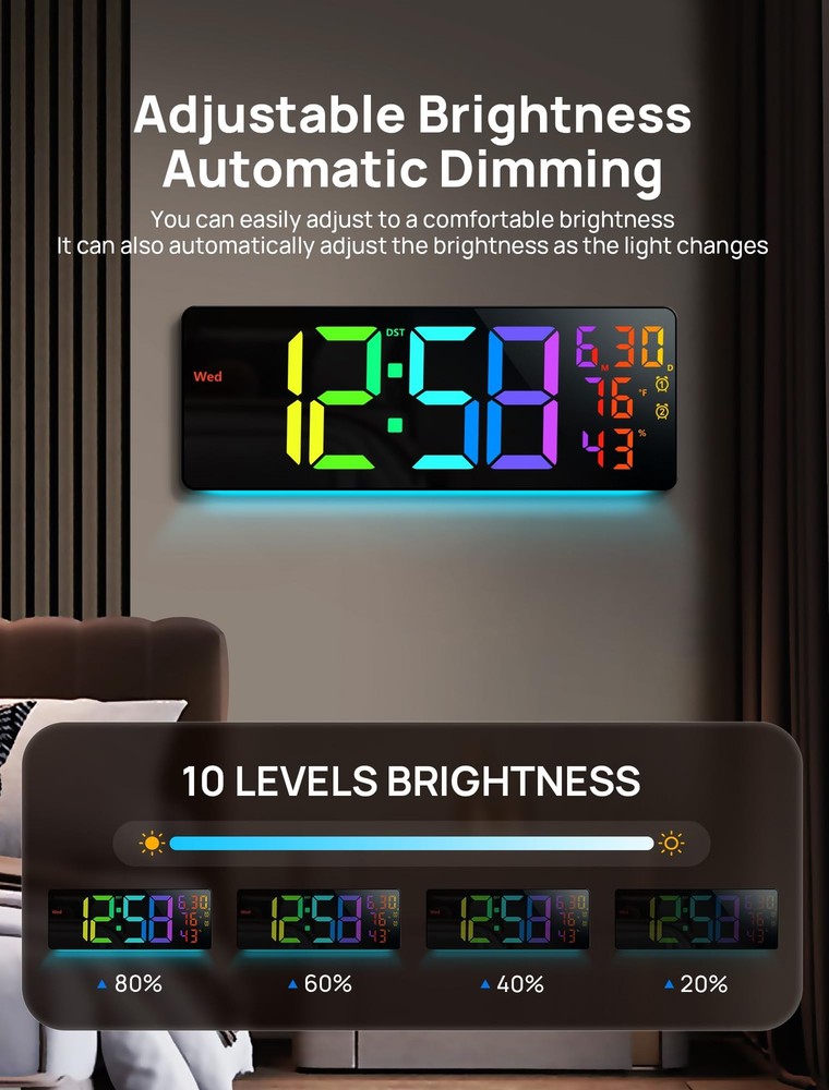 17.3" Large Digital Wall Mount Clock, Digital Clock with Remote Control, Alar...